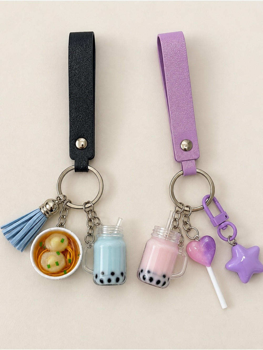 Cute Kids Bubble Tea & Dumpling Keychain Charm - Blue & Pink